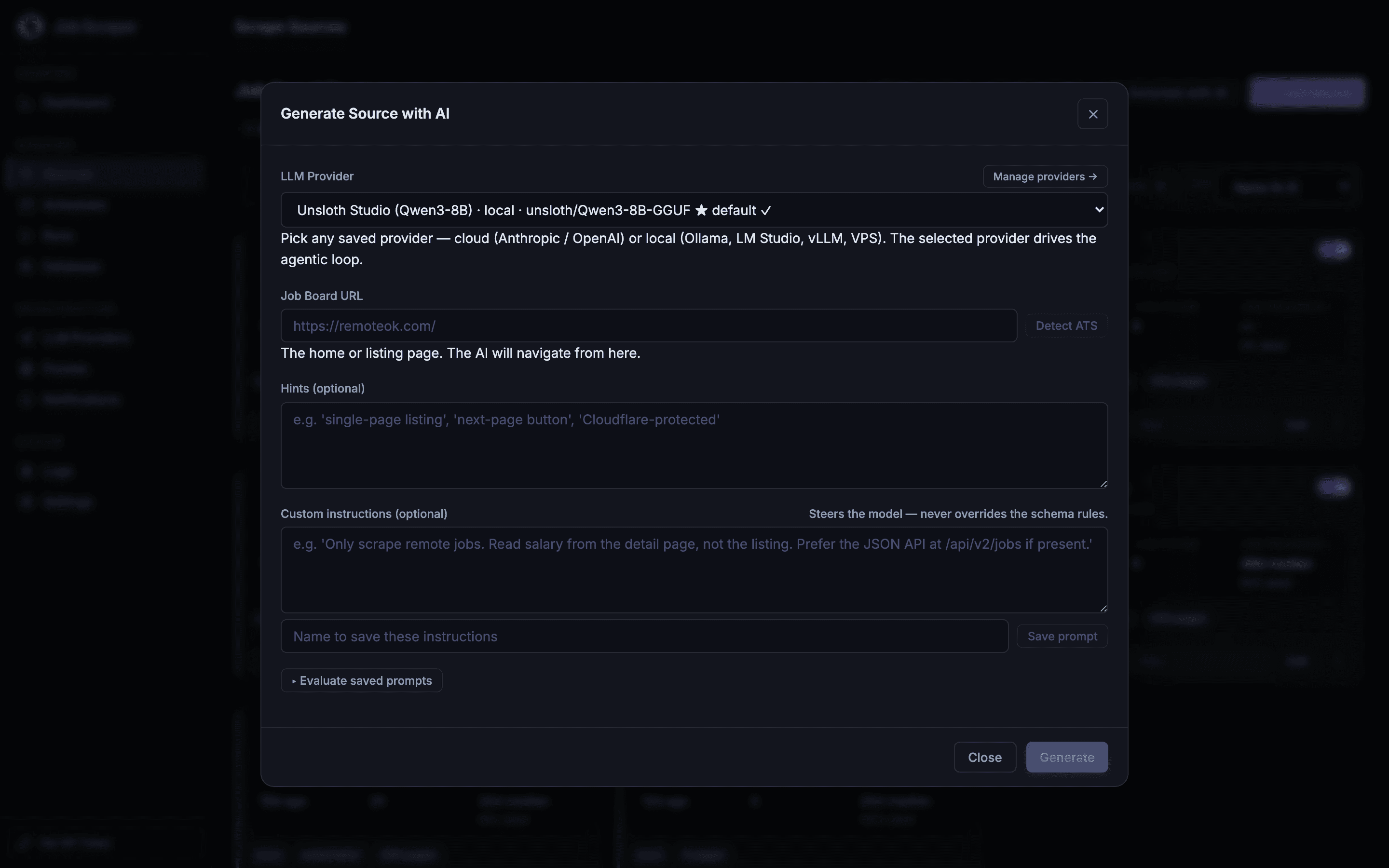 The Generate Source with AI modal, choosing an LLM provider and a job-board URL.