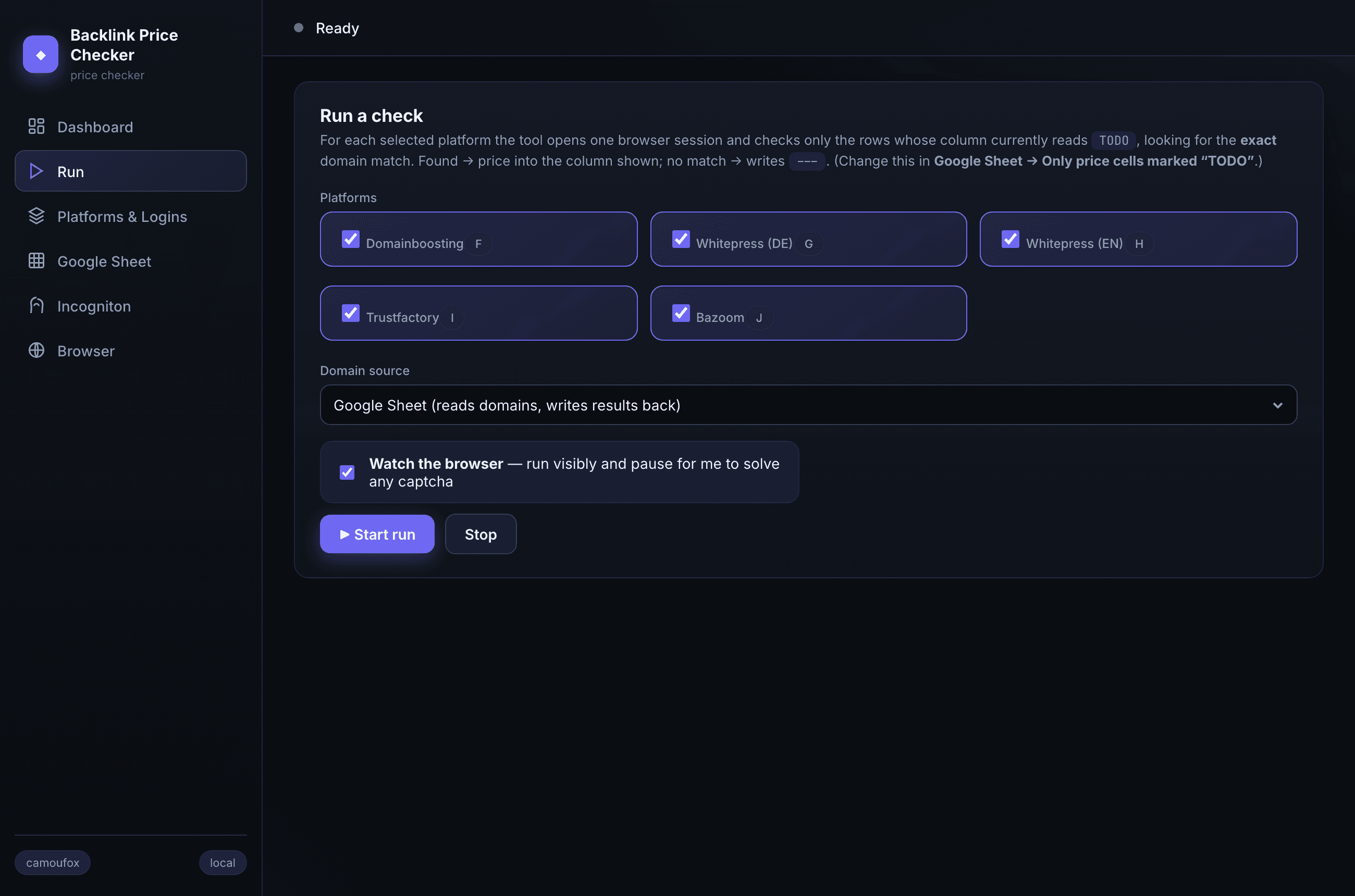 Run screen with platform selection and a live browser option.