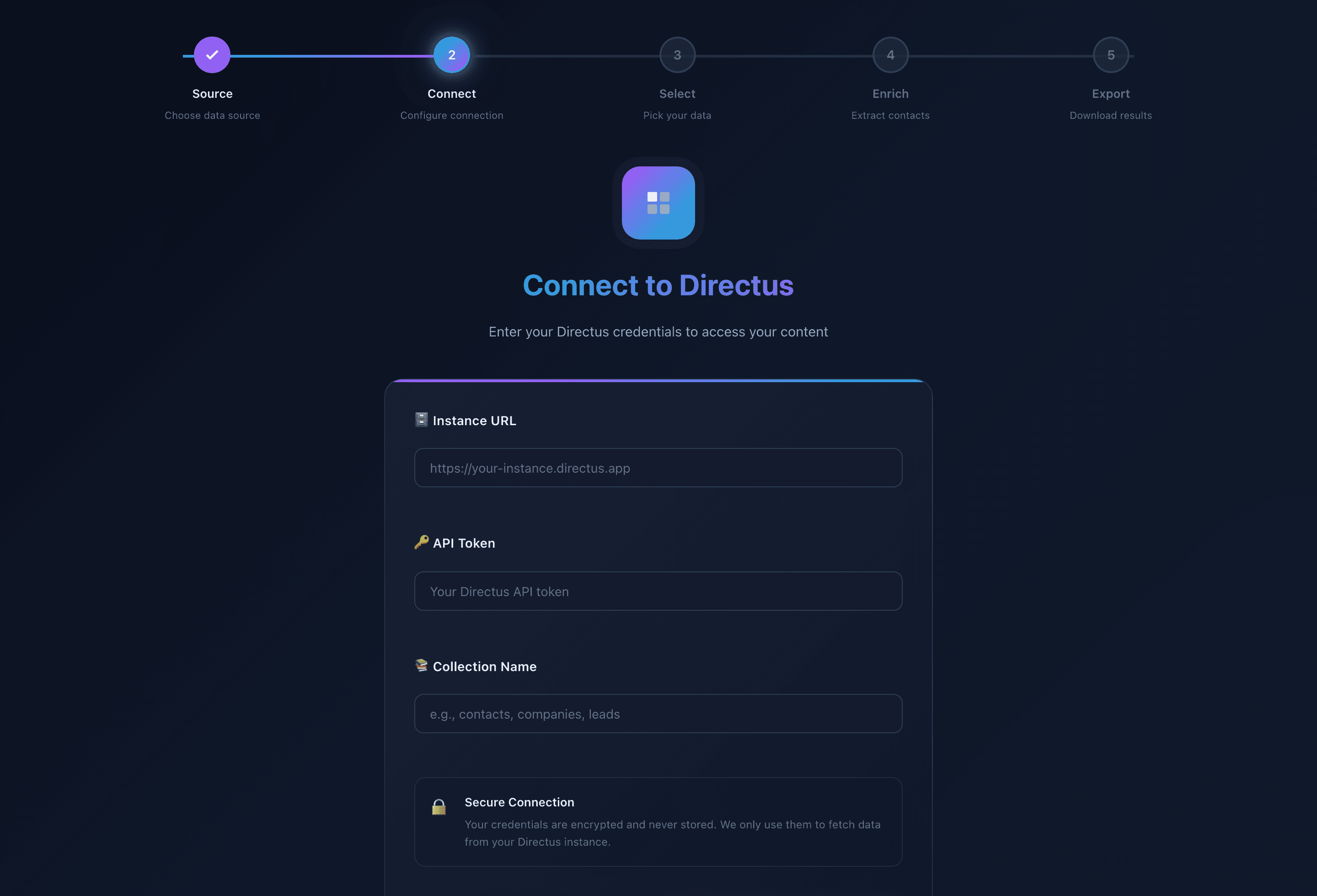 Form to connect to a Directus CMS instance with credentials never stored.