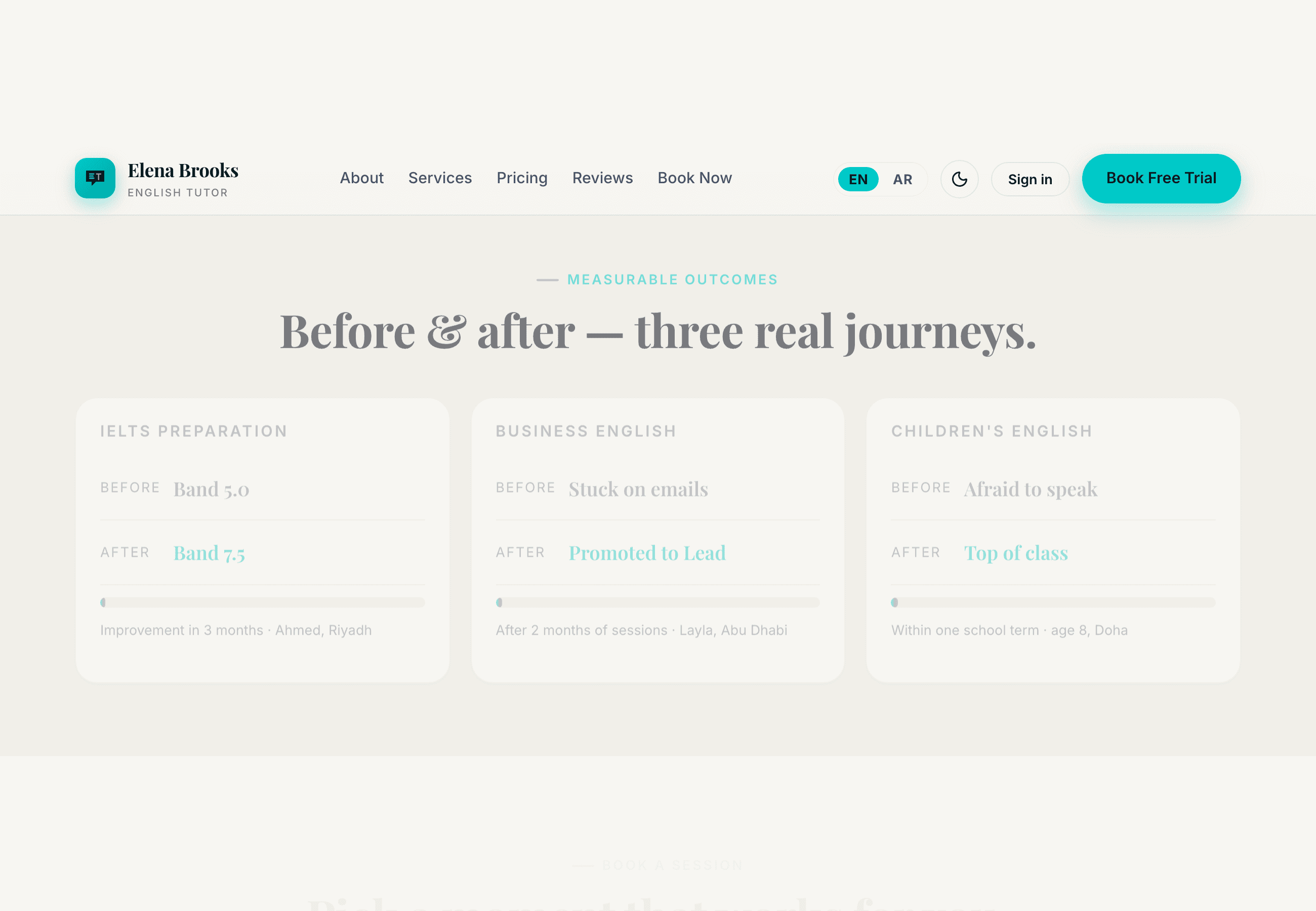 Before-and-after outcomes section of the tutoring site.